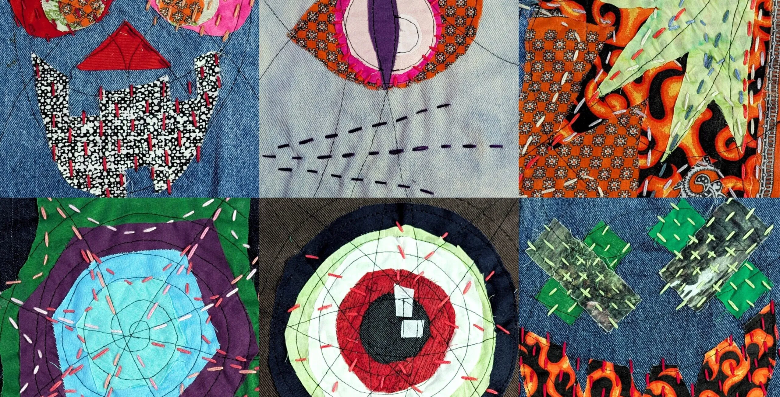 Examples of different halloween eboridery motifs and techniques, including spoopy eyes, jack-o-lantern faces and spiderwebs