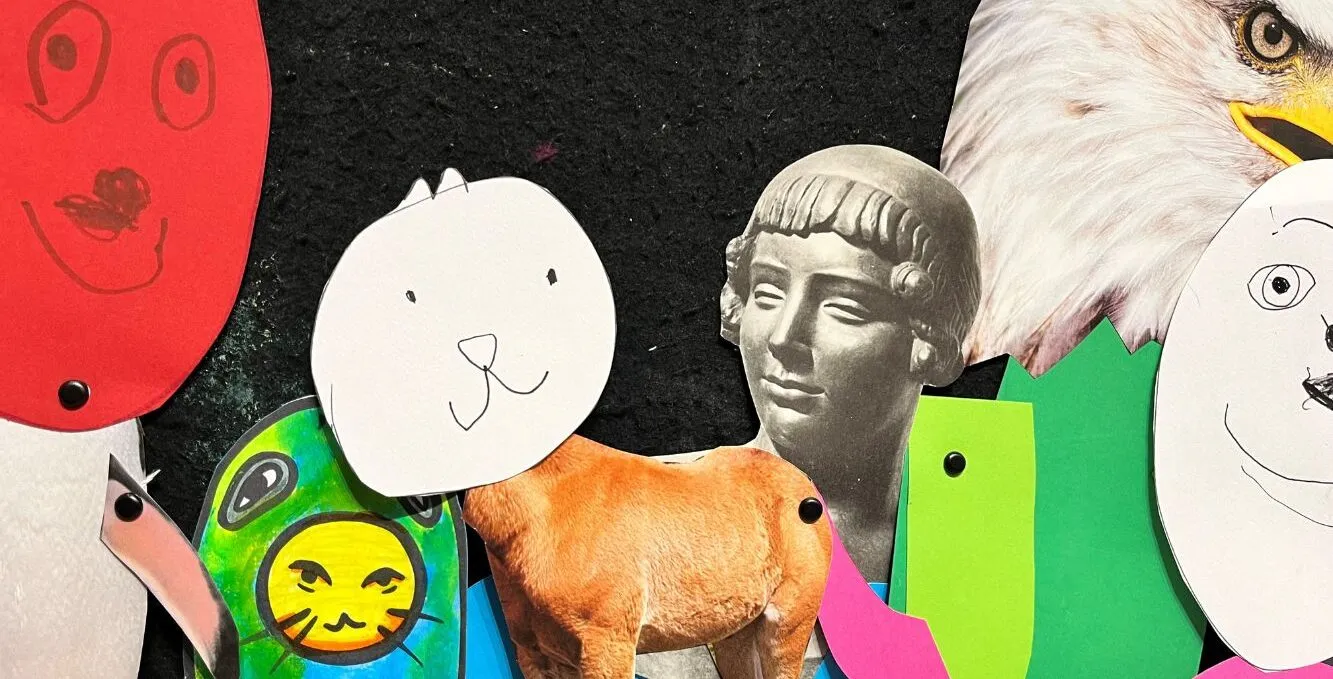 collaged characters are laid out on top of a black background